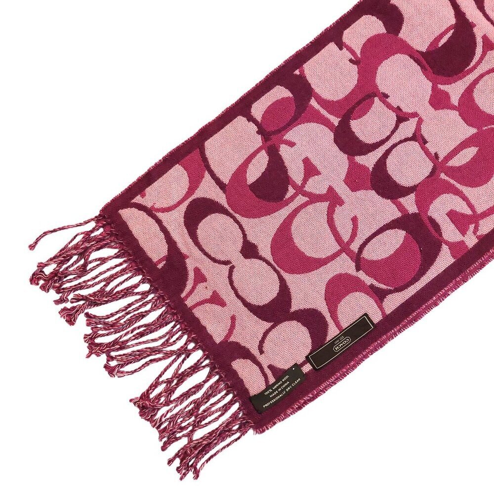 COACH Pink Multi-Color Monogram C Logo Merino Wool Pre-owned Fringed Scarf - Picture 9 of 16